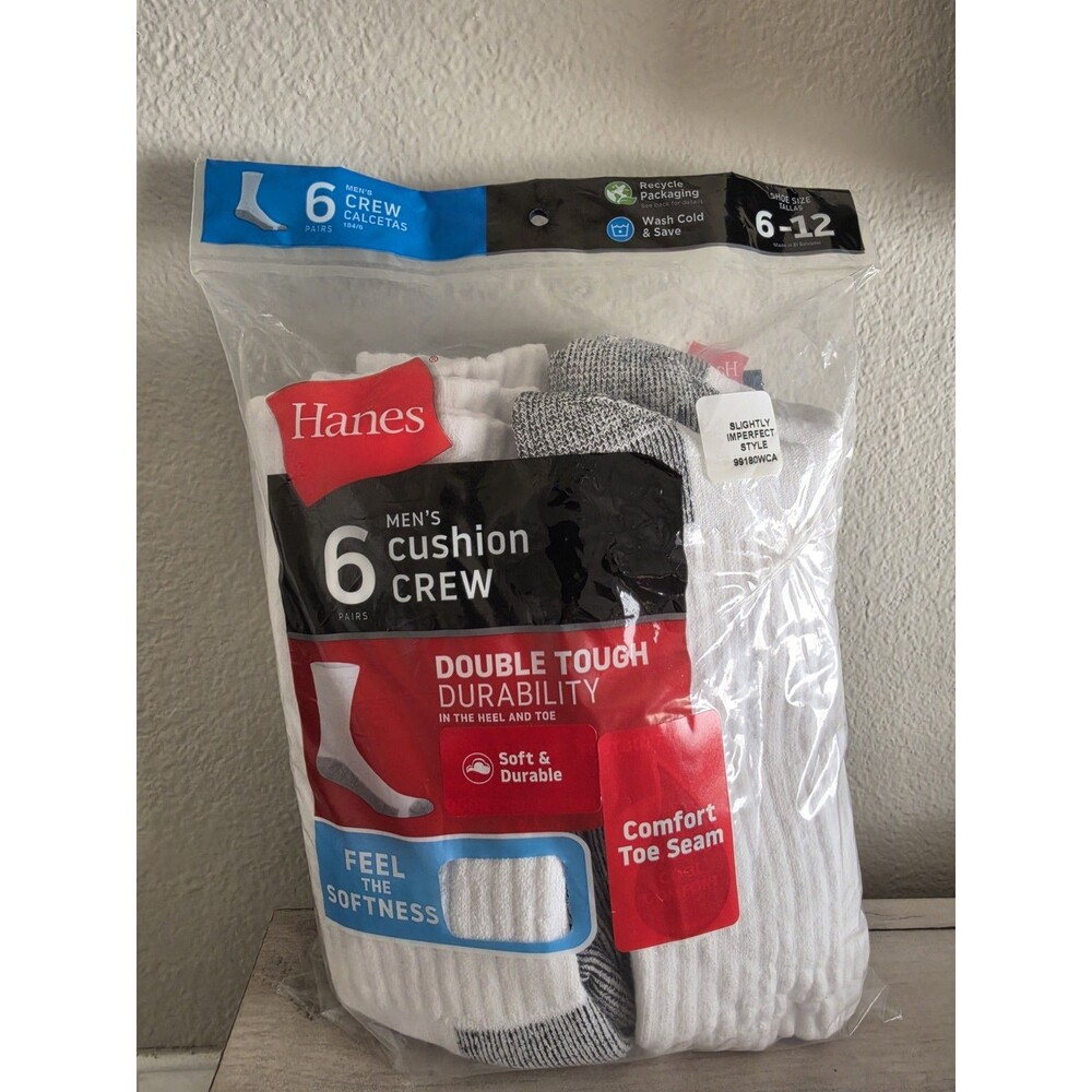 Hanes Men's Cushion Crew Cut Socks 6 Pair Sz 6-12 White Brand New